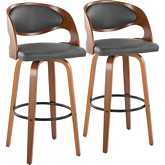 Pino 30" Swivel Bar Stool in Walnut Wood & Grey Leatherette with Black Footrest (Set of 2)